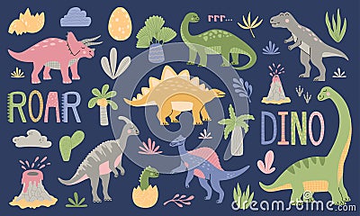 Set of different colorful cute dinosaurs among tropical plant, palm trees Vector Illustration